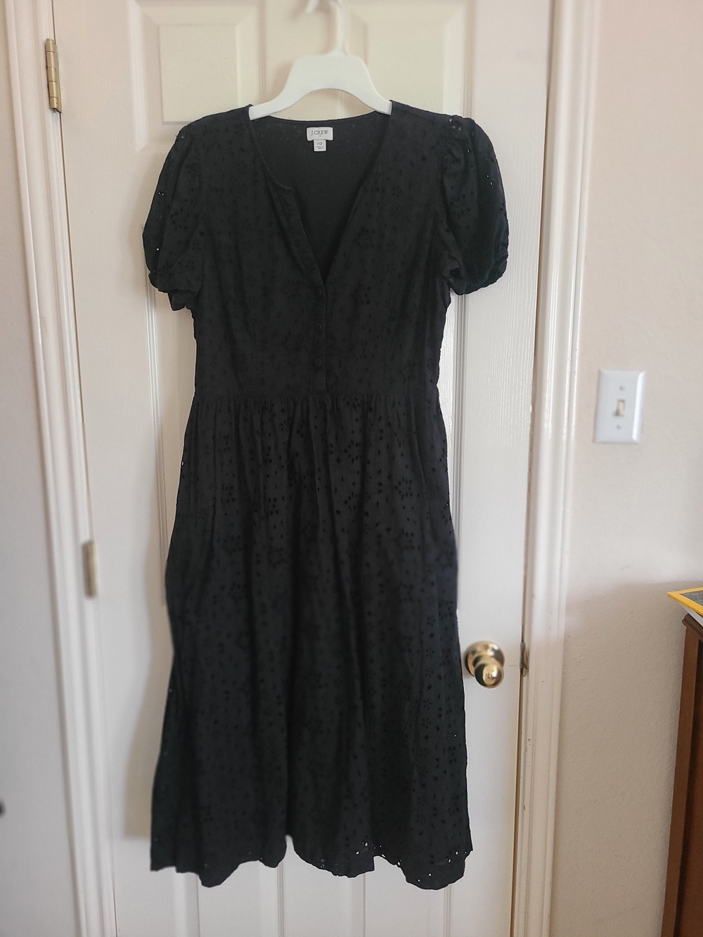 J. Crew Black Eyelet Midi Dress with Puff Sleeves